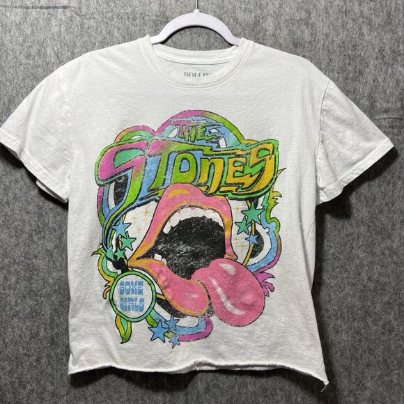Rolling Stones T‎ Shirt Womens Medium White Cropped Raw Hem Short Sleeve - Picture 1 of 6